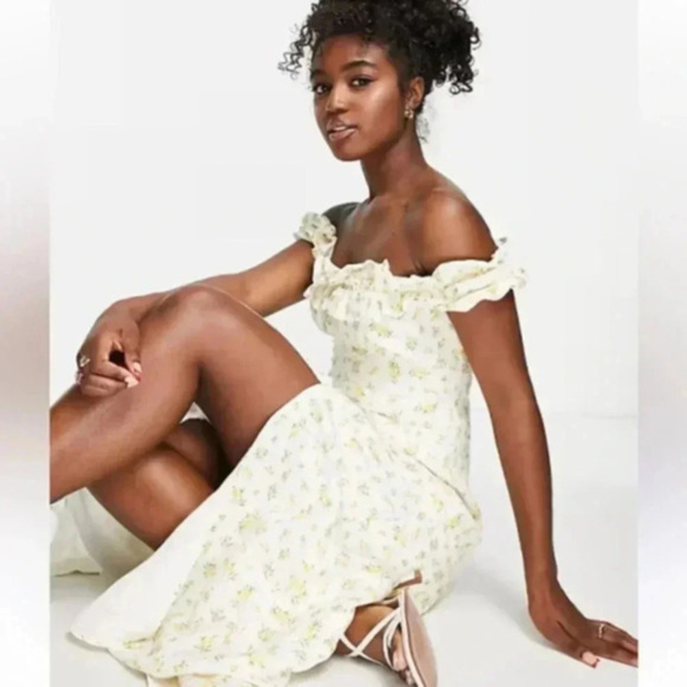 Ever New Curve bardot frill midi dress in lemon ditsy floral size 6 - Picture 2 of 8